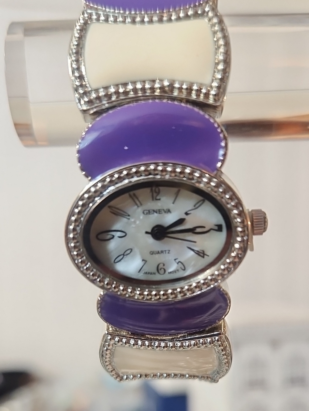 Geneva Purple and Cream Enamel Bracelet Watch Bundled Jewelery Set